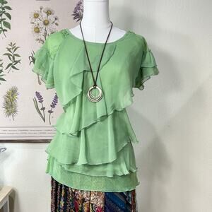 Vintage 90s Y2k Ruffle Tie Back Mesh Beaded Top Fairy Whimsy Forest Mori Kei M